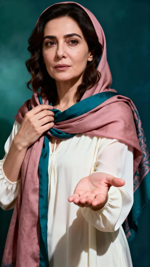 A contemplative studio portrait of a 36-year-old Turkish woman with alabaster skin and a muted-rose headscarf, palm extended as if offering a question to the viewer.