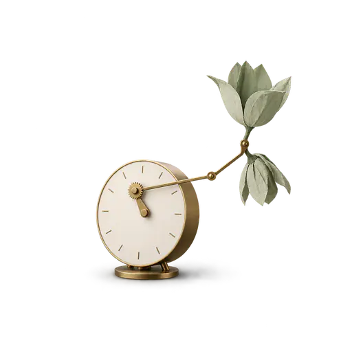 A clock’s single hand joined by a geared brass linkage rod to the stem of a paper flower caught half-wilted and half-upright, isolated on transparency: turning back the clock, trying to return to an earlier state.