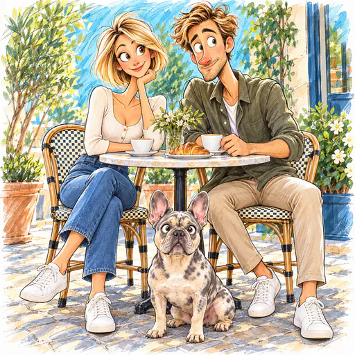 Watercolor ink caricature of a couple and their French bulldog at a cafe table with turquoise scribbled sky and loose sketch lines.