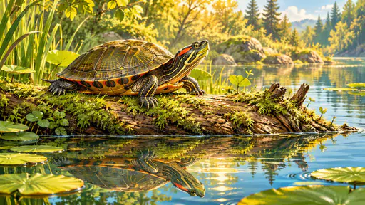 A painted turtle basks on a mossy log at the edge of a calm pond with its reflection in the water below in dappled golden sunlight.