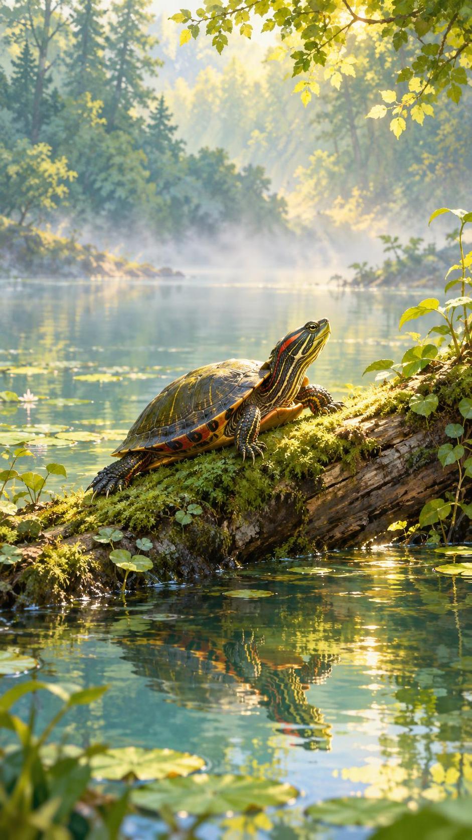 A painted turtle sunbathes on a mossy log by a calm pond with its reflection below while hazy gradients melt into open misty space.