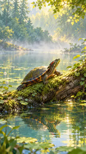 A painted turtle sunbathes on a mossy log by a calm pond with its reflection below while hazy gradients melt into open misty space.