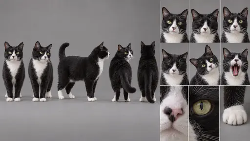A 16:9 studio reference sheet of a four-year-old tuxedo cat, shown in five full-body views, six head studies and three close details of nose, eye and paw.