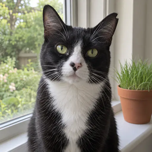 A four-year-old tuxedo cat with black fur, a white chest and a black spot on its pink nose, a small notch in one ear and green-gold eyes, sitting on a white windowsill beside a terracotta pot of grass.