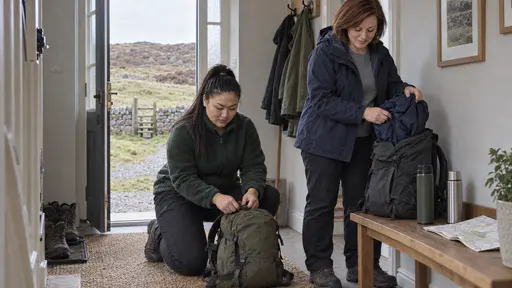 A broad-shouldered woman with a high black ponytail in a green fleece kneels to check the straps of a canvas rucksack while a woman with a chin-length auburn bob in a navy jacket folds a waterproof into her own rucksack beside a bench with flasks and a folded map.