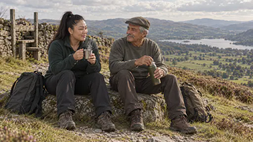 A broad-shouldered woman with a high black ponytail in a green fleece holds a tin cup of steaming tea beside an elderly man in a flat cap holding a flask as they sit on a flat rock above a wide green valley and distant lake with their rucksacks leaning beside them.
