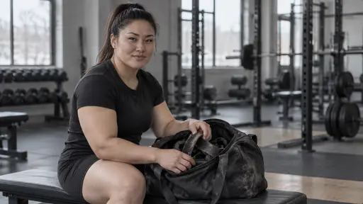 A powerfully built woman with a thick high ponytail sits on a gym bench with a heavily scuffed black gym bag open on her lap and a hand resting on a pair of worn lifting wrist straps inside with a small private smile in cool early morning light.