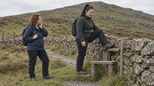 A broad-shouldered woman with a high black ponytail in a green fleece stands with one foot up on a low drystone wall demonstrating a stile step while a woman with a chin-length auburn bob in a navy jacket watches from the grass below with a hand raised to her cheek.