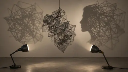 Two plain desk lamps stand low in the foreground aiming across a suspended wire mesh sculpture while their tangled wall shadows fuse into one crisp readable human profile facing left, each lamp's own tangled shadow still visible beside the fusion.