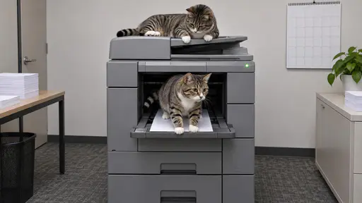Copycat: a tabby cat with ringed tail and white paws steps out of the output tray of a large grey photocopier, front paws on the tray's lip with a blank sheet sliding beneath its belly, while an identical tabby with the same face stripes, white paws and tail bands lounges atop the machine above…