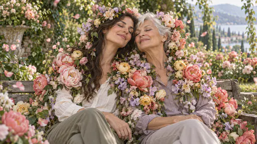 Two fictional adult women friends sit side by side on a bench with eyes gently closed as peonies, ranunculus and sweet peas spill over their hair and shoulders in a soft garden.