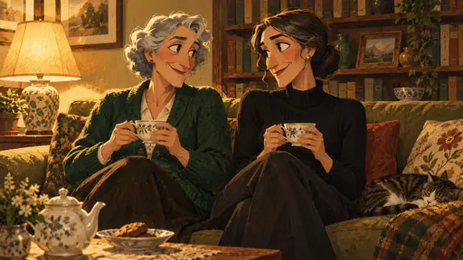Two fictional adult women friends, one in a deep green cardigan and one in a black sweater, sit close on a sofa sharing a quiet laugh over cups of tea in angular painted planes.