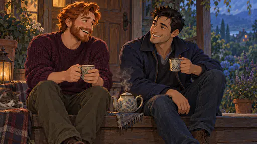 Two fictional adult men, one with copper hair in a plum sweater and one in an indigo jacket, laugh and share a pot of tea on a porch step before a soft blue green garden.