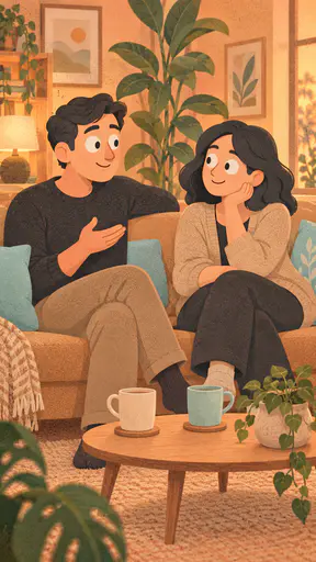 Two fictional adult friends sit close on a sofa, one gesturing gently while the other listens and smiles in a soft avatar cartoon with a speckled paper finish.