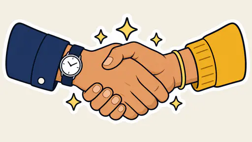 Two fictional adult hands clasp in a firm handshake, one in a navy cuff with a watch and one in a mustard sleeve, as a flat die cut cartoon sticker with sparkles.