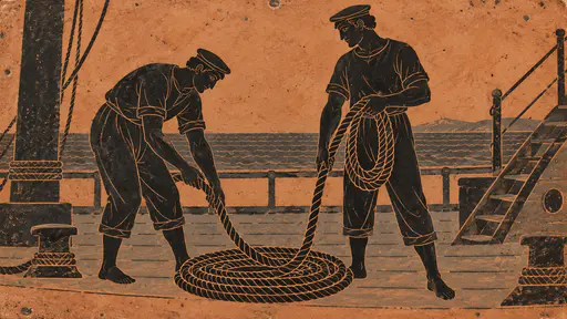 Two fictional adult sailors in plain crew uniforms coil a heavy rope on a ship deck beside a railing in an incised black slip design on warm terracotta clay.