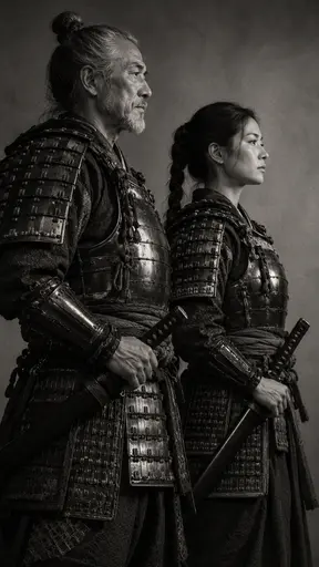 Two fictional adult samurai in armor, an older man and a younger woman, stand shoulder to shoulder in profile in a monochrome portrait with counter reversed light and silver grain.