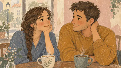 Two fictional adults, a woman with a long braid in a slate blue shirt and a man in an ochre jumper, smile and talk across a small cafe table with steaming cups in loose graphite and gouache.