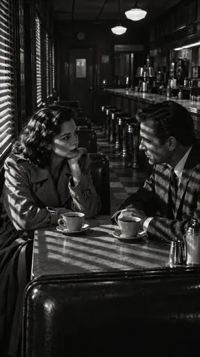 A fictional adult woman in a trench coat and an adult man in a suit lean toward each other over coffee cups in a late night diner booth with striped light from the window blinds.