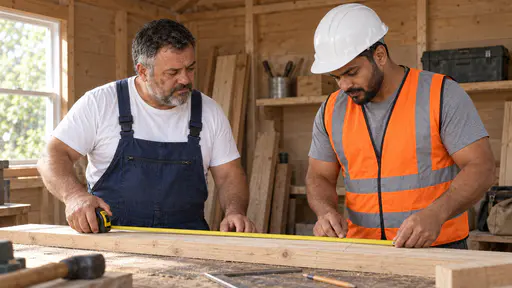 A stocky grey-bearded man in dark blue overalls and a broad young man in a white hard hat and orange vest stand either side of a shed workbench holding a plain yellow tape measure against a pale pine board in soft window light.
