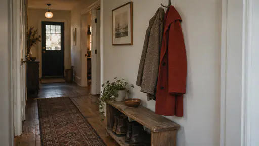 An older tweed coat shifted toward the wall and a newer red coat hung just beside it share one wall hook with both fully visible above a shelf and a pair of boots in warm hall light.