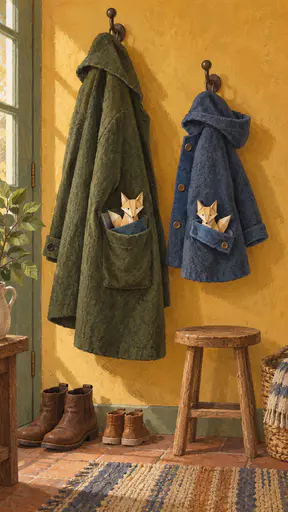 Warm gouache illustration of a large olive adult coat and a small dusty blue child coat hanging side by side on two hooks; an identical folded oat-paper fox peeks from each pocket against blue lining with one flap lifted, and a small wooden stool stands below the small coat.