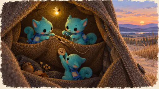 Two thumb-sized turquoise creatures sit side by side mending a torn seam in a wool coat pocket with a pin needle and thread while a third passes up a button by the warm glow of a single firefly.