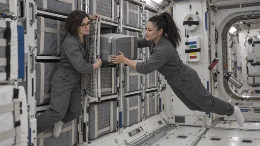 A slim woman with a sleek dark bob holds open a net-fronted storage locker while a powerfully built woman with a thick black high ponytail slides a plain grey crate into it in a habitat storage bay with rows of strapped plain grey crates along the curved wall, both floating a little off the floor under cool white light.