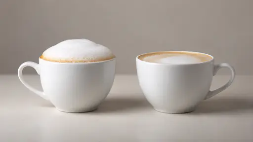 Two plain latte cups stand side by side on a plain counter in even daylight, one with a deep cap of foam and one with a thin flat foam layer.