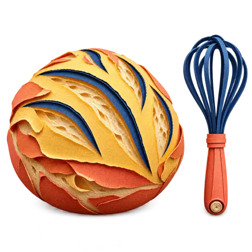 Two matching cut paper objects, a round butter yellow loaf with deep blue score marks and a deep blue whisk with a coral handle, stand apart on a transparent background.