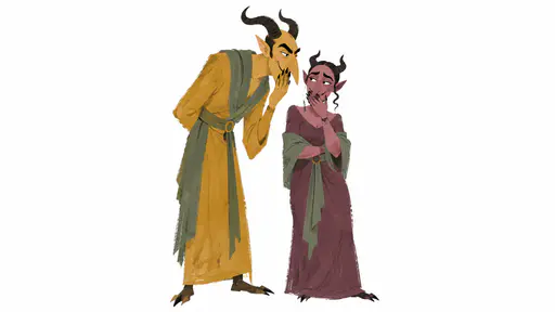 Two fictional demons, a tall ochre one with curved horns leaning down to whisper to a shorter dusty plum one who covers a smile, are painted in dry brush blocks on white.