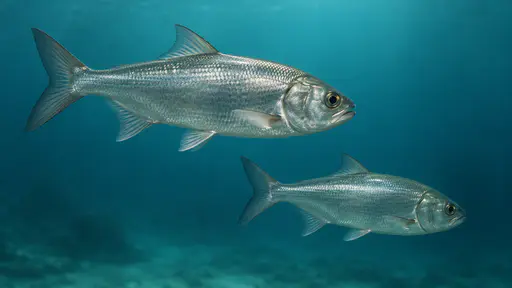 Two plain silver fish cross paths at clearly different depths in clear blue-green open water, one nearer and larger above the other.