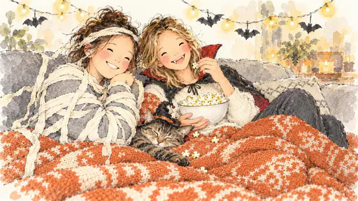 Two adult friends dressed as a mummy and a vampire share a blanket with a tabby cat in a little witch hat and an overflowing popcorn bowl under paper bats.