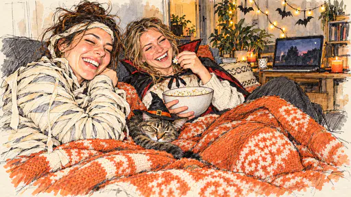 Two adult friends dressed as a mummy and a vampire share a blanket on a sofa with a tabby cat in a tiny witch hat and an overflowing bowl of popcorn.