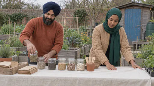 A broad man in a navy turban and rust-orange jumper sets glass jars of seeds along a trestle table while a young woman in a green hijab and camel jacket smooths a cream cloth over it in a community garden yard in soft early light.