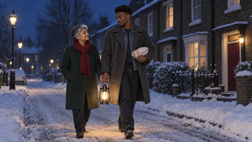 A petite silver-haired woman in a green coat and a tall young man in a grey wool coat walk side by side down a cleared snowy road at blue night sharing one lantern with the lit house glowing far behind.