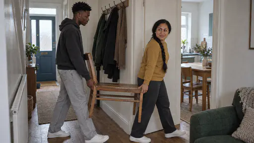 A woman with a long braid in a mustard jumper and a young man in a charcoal hoodie carry a fourth wooden chair together through a narrow hallway past coat hooks toward the kitchen in soft morning light.