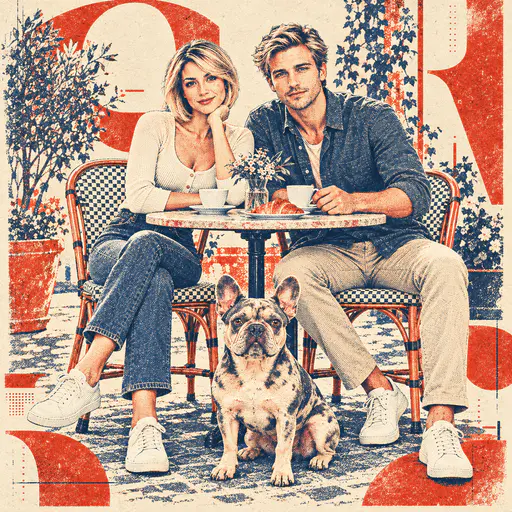 Red and blue risograph-style poster of a couple and a French bulldog at a cafe table with large cropped letter shapes