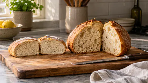 Two loaves sit side by side on a wooden board, a small dense pale loaf on the left and a tall round golden loaf on the right, both cut in half to show a tight crumb and an open airy crumb, with a bread knife and a cloth beside the board.