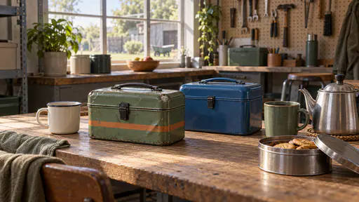 A dented sage-green steel lunchbox with a black clasp and a plain blue steel lunchbox sit side by side on a work break table beside two mugs of tea, a steel teapot and a tin of biscuits with a pegboard and a yard window behind in warm noon light.