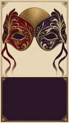 Neo-art-deco Halloween masquerade poster background: an oxblood mask and a midnight-plum mask angled away from each other over an aged-brass disc whose uncovered sliver reads as a crescent moon, above a large empty midnight-plum title panel — ready for typesetting event text.