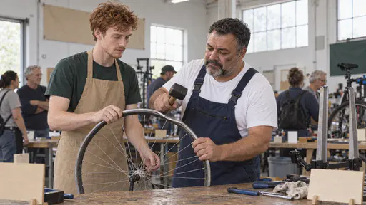 A slim freckled young man with copper-red hair in a tan apron holds a bicycle wheel with a bent rim upright in both hands while a stocky man with a short grey beard in dark blue overalls taps the bent section with a small rubber mallet at a long workbench with a truing stand and a few tools.