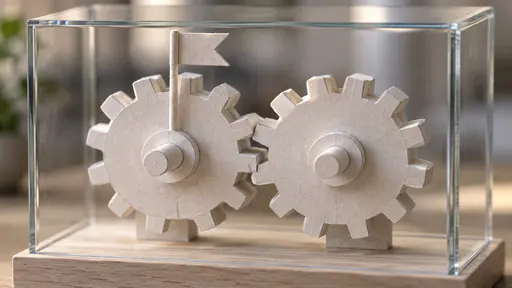 Two large meshed paper cog wheels with evenly spaced square teeth interlock side by side on two paper axles, a small paper flag on a thin pole fixed to the upper wheel's axle, inside a clear rectangular glass display case on a pale wooden base.