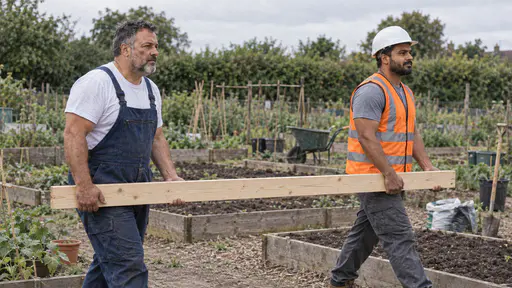 A stocky grey-bearded man in dark blue overalls and a broad young man in a white hard hat and orange vest carry one long pale pine board between them across a community garden plot with empty plots and a hedge behind them in bright morning light.