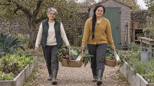 Two women in a green quilted vest and a mustard cardigan walk side by side up a garden path carrying two wicker baskets of leeks, beetroot and cabbages toward a green-doored potting shed in warm afternoon light.