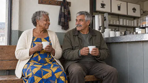An older woman in a cobalt dress and cream cardigan and a silver-haired moustached man in an olive jacket sit side by side on a wooden waiting bench beside a zinc counter each holding a filled white cup in diffuse midday light.
