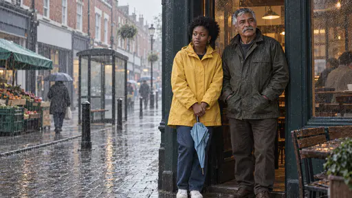 A young woman in a yellow raincoat holding a folded pale blue umbrella and an older man in an olive waxed jacket stand in a café doorway watching steady rain fall on a wet cobbled high street.