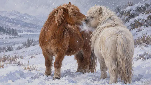 A dry-brush oil painting of two ponies standing nose to shoulder in light snow, the chestnut pony's mouth gently working the cream pony's mane crest while their mingled breath hangs as one shared softly lit cloud between their heads.