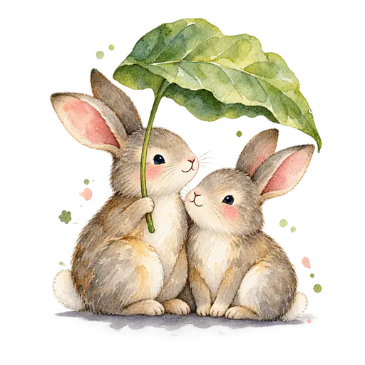 Two grey rabbits sitting close together under one small patch of shade cast by a single broad green leaf on a stem, on a transparent background.