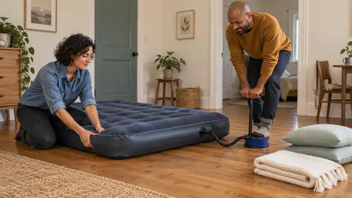 A woman holds an air mattress edge while a man presses a foot pump with one socked foot, beside two pillows and a folded blanket.